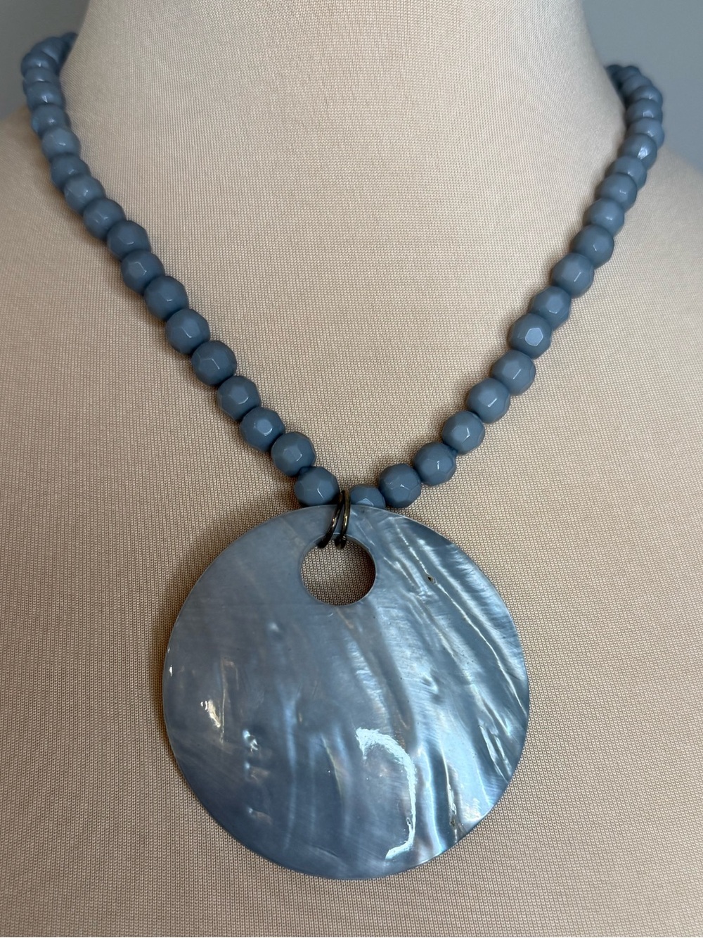 Bluish gray pearlescent beaded shell style necklace lobster clasp